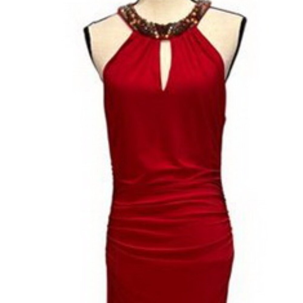 Laundry By Shelly Segal Red Beaded Long Halter Keyhole Dress